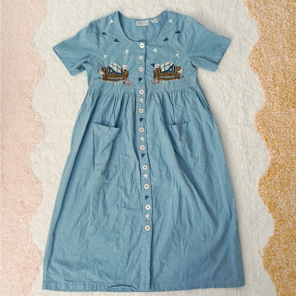 VINTAGE 90s Cabernet Blue Chambray Cotton Embroidered Midi Shirt Dress Small
